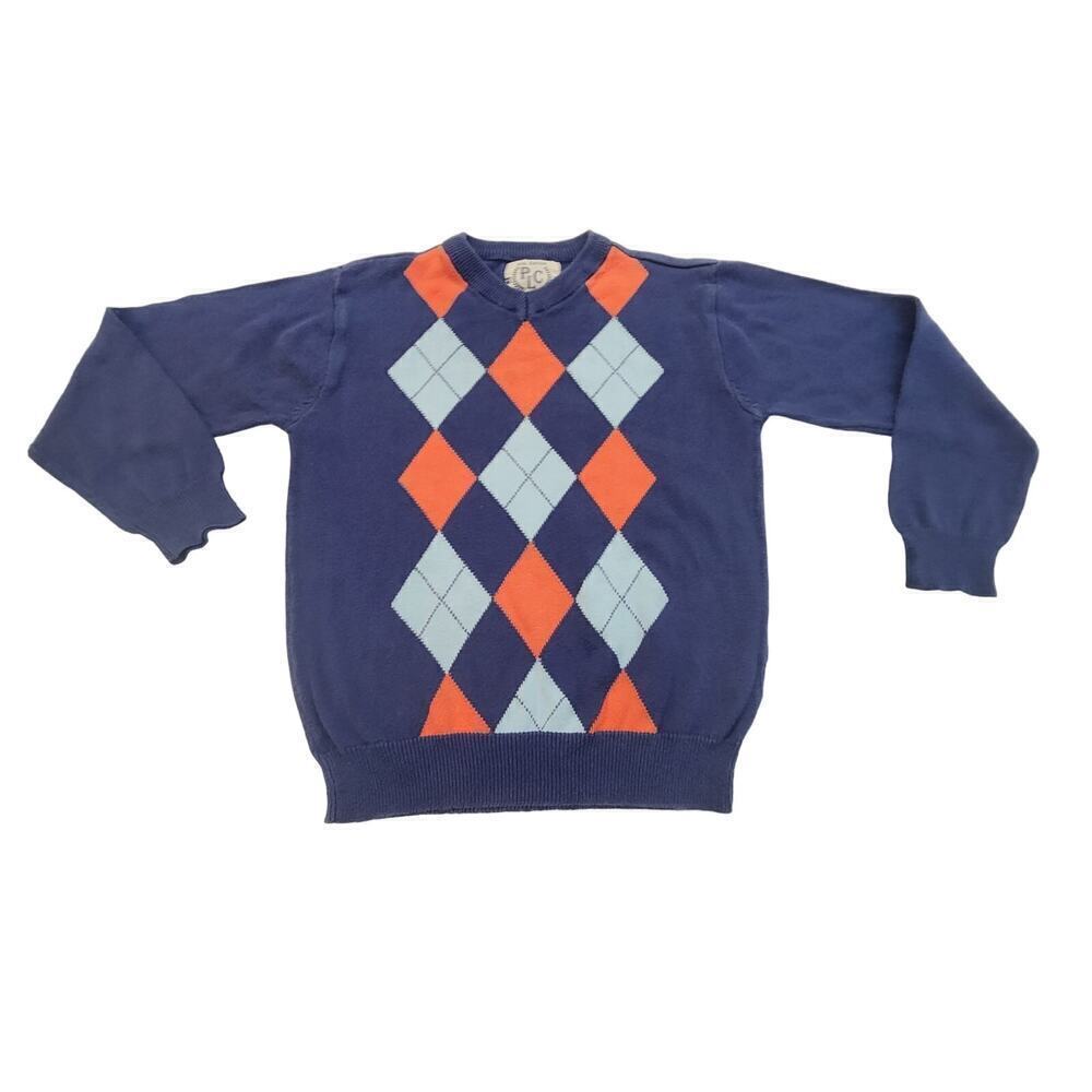 THE‎ CHILDRENS PLACE Navy Blue Orange Argyle 
Cotton V-Neck Sweater Boys Small
